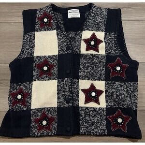 Christopher & Banks hand embroidered plaid knit sweater vest Sz M Stars
